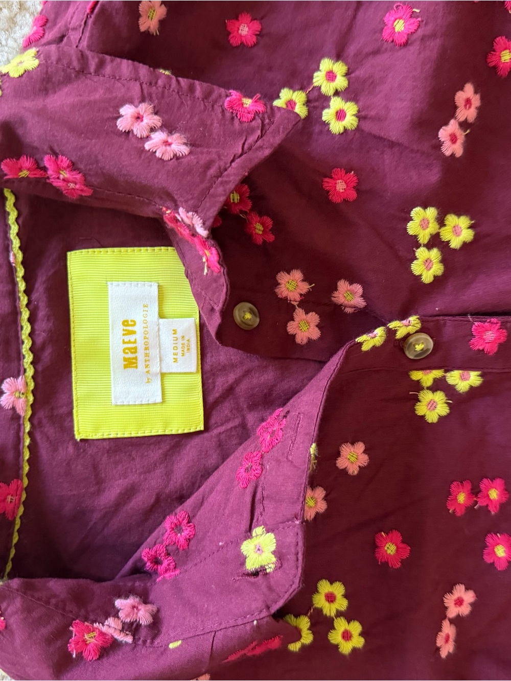 Anthropologie Maeve 100% Cotton Size M Burgundy Floral Button-Down Shirt - Picture 3 of 9